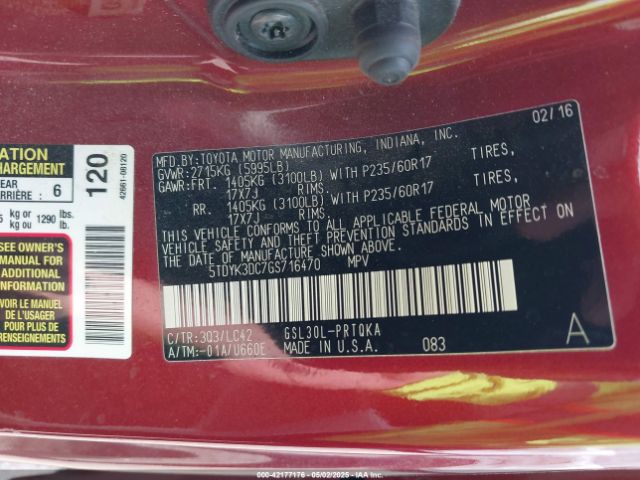 5TDYK3DC7GS716470 Toyota Sienna Xle 8 Passenger