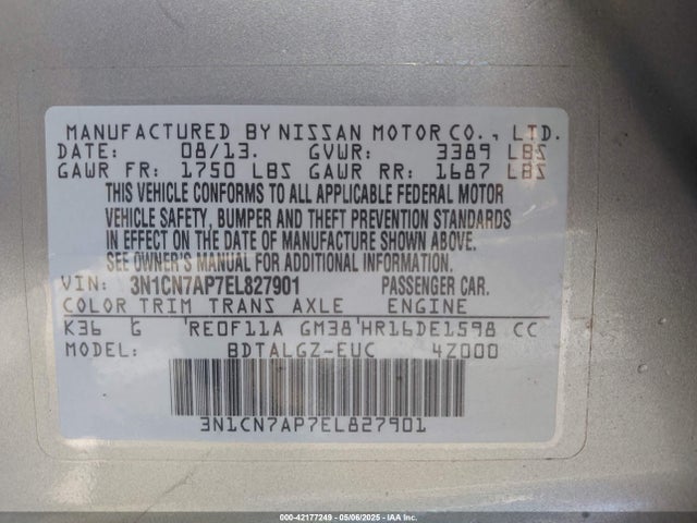 3N1CN7AP7EL827901 Nissan Versa 1.6 Sl