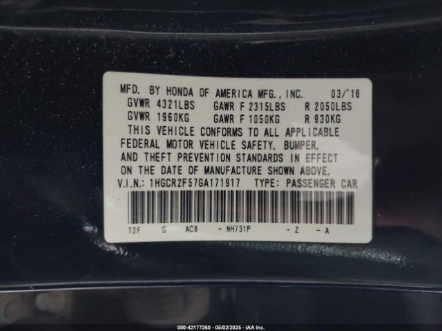 1HGCR2F57GA171917 Honda Accord Sport