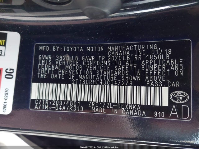 2T1BURHE4JC047279 Toyota 2zr-fe