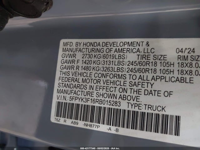 5FPYK3F16RB015283 Honda Ridgeline Sport