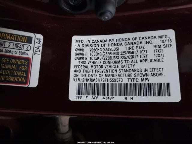2HKRM3H79FH559573 Honda Cr-v Ex-l