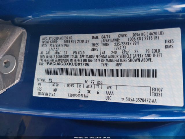 1FMCU0GDXKUB81786 Ford ESCAPE SE