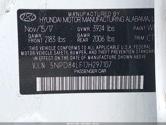5NPD84LF1JH297107 Hyundai Elantra Value Edition