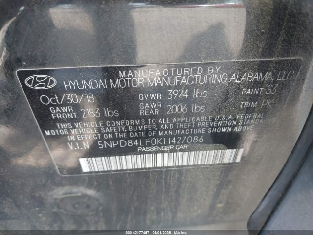5NPD84LF0KH427086 Hyundai ELANTRA SEL