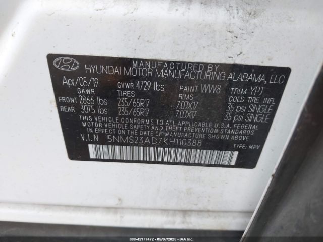 5NMS23AD7KH110388 Hyundai Santa Fe Se