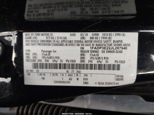 1FADP3E22JL287940 Ford FOCUS S
