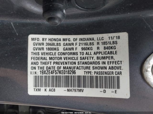 2019 HONDA INSIGHT 19XZE4F57KE018296 Photo 8