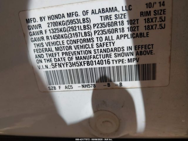 5FNYF3H5XFB014016 Honda Pilot Ex-l