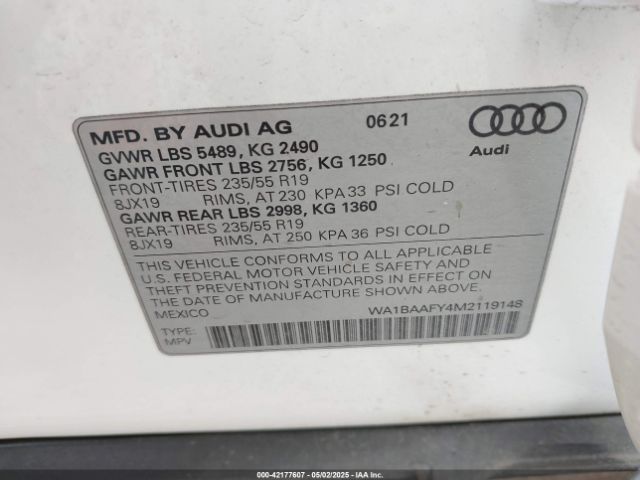 WA1BAAFY4M2119148 Audi Q5 Premium Plus 45 Tfsi Quattro S Tronic