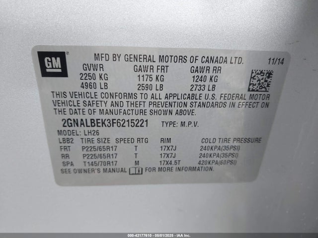 2GNALBEK3F6215221 Chevrolet EQUINOX 1LT