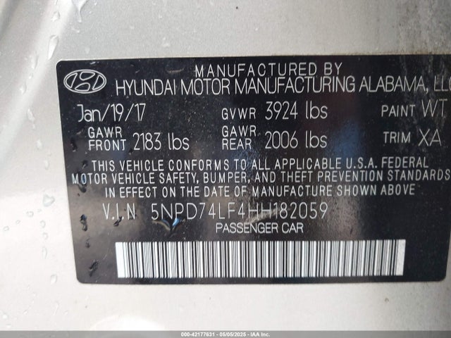 5NPD74LF4HH182059 Hyundai 2017