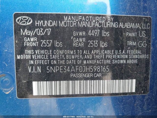 5NPE34AF0JH598165 Hyundai gdi theta-ii
