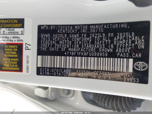 42177680 :رقم المزاد ، 4T1BF1FK8FU099959 vin ، 2015 Toyota Camry Xle مزاد بيع