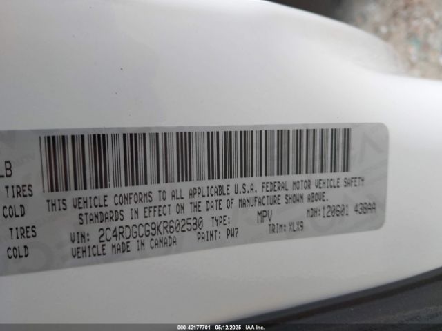 2C4RDGCG9KR602580 Dodge Grand Caravan Sxt