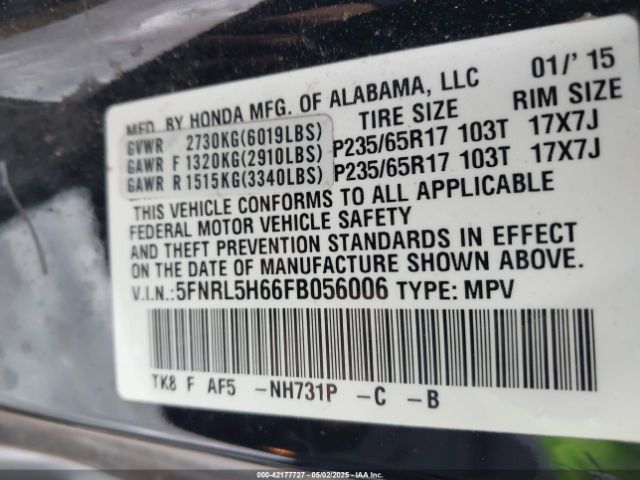 5FNRL5H66FB056006 Honda Odyssey Ex-l