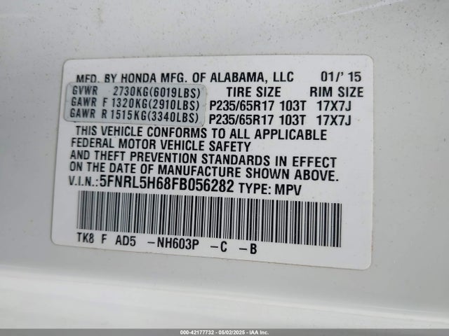 5FNRL5H68FB056282 Honda Odyssey Ex-l