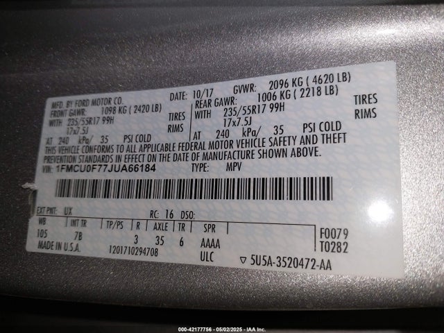 1FMCU0F77JUA66184 Ford ESCAPE S