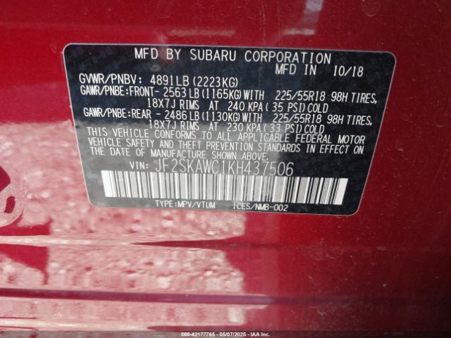 JF2SKAWC1KH437506 Subaru Forester Touring