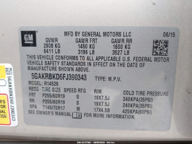 5GAKRBKD6FJ390343 Buick Enclave Leather