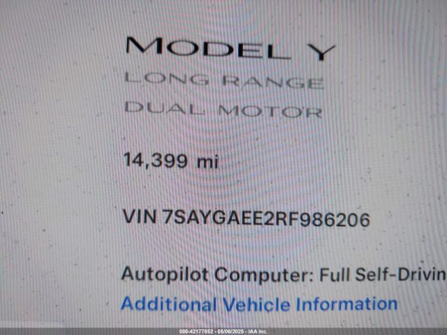 7SAYGAEE2RF986206 Tesla Model Y Long Range Dual Motor All-wheel Drive