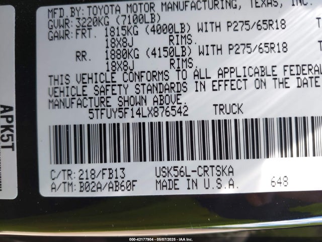 5TFUY5F14LX876542 Toyota Tundra Sr5