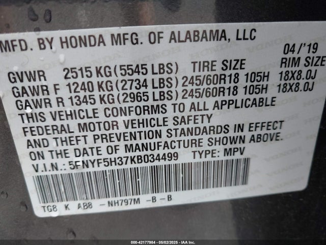5FNYF5H37KB034499 Honda Pilot Ex