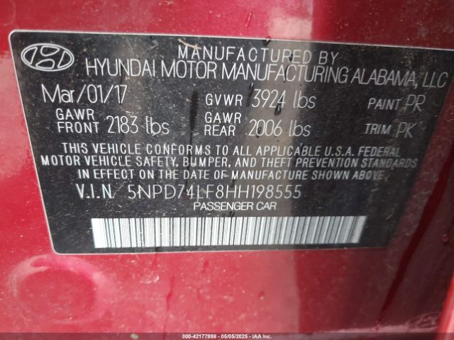 5NPD74LF8HH198555 Hyundai ELANTRA SE