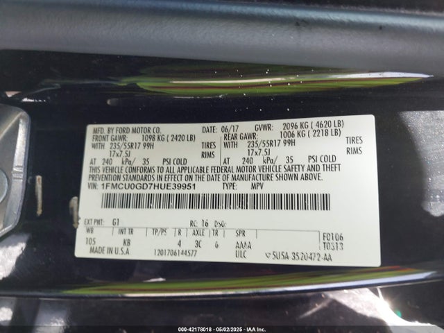 1FMCU0GD7HUE39951 Ford gtdi sigma w/premium fuel