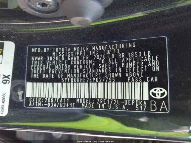 5YFBURHE2EP027795 Toyota COROLLA L
