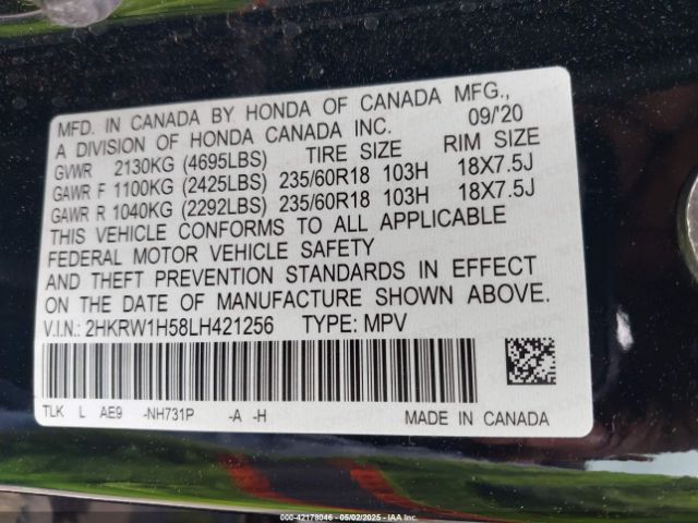 2HKRW1H58LH421256 Honda Cr-v 2wd Ex