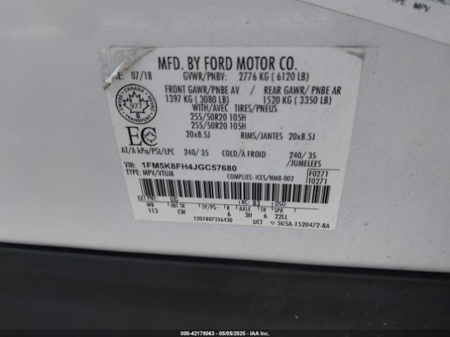 1FM5K8FH4JGC57680 Ford Explorer Limited