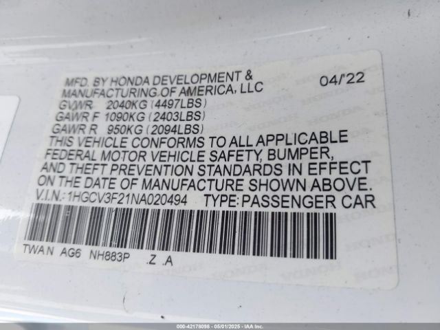 1HGCV3F21NA020494 Honda Accord Hybrid Sport