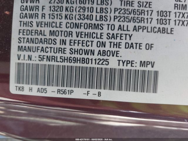 5FNRL5H69HB011225 Honda Odyssey Ex-l