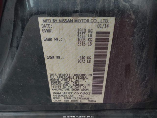 1N4AL3AP1EC267863 Nissan Altima 2.5 Sv