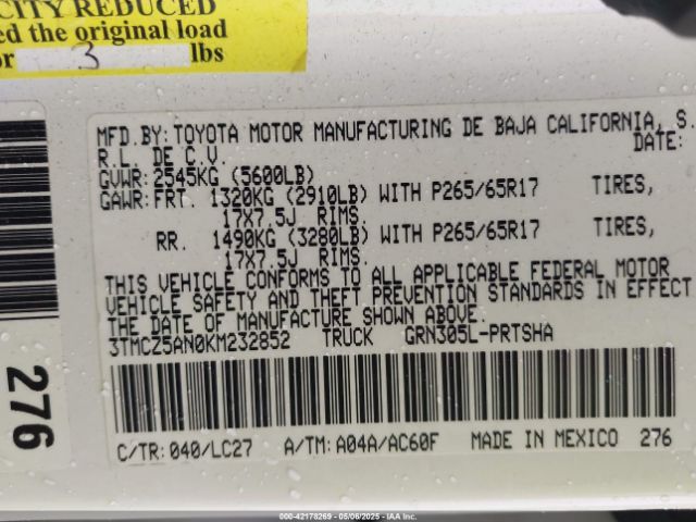 3TMCZ5AN0KM232852 Toyota Tacoma Trd Sport