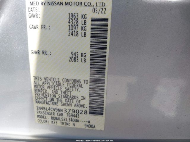 1N4BL4CV9NN379028 Nissan Altima Sr Fwd