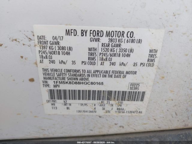 2017 FORD EXPLORER 1FM5K8D88HGC80165 Photo 8