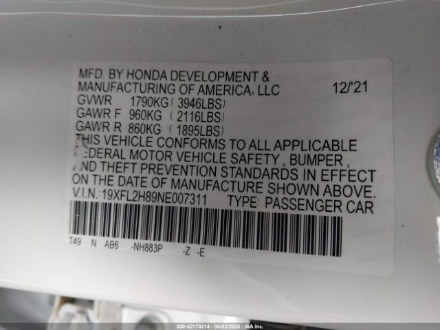 2022 HONDA CIVIC 19XFL2H89NE007311 Photo 8