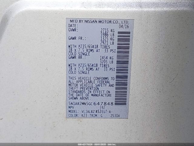 5N1AR2MN5GC647848 Nissan Pathfinder Platinum/s/sl/sv