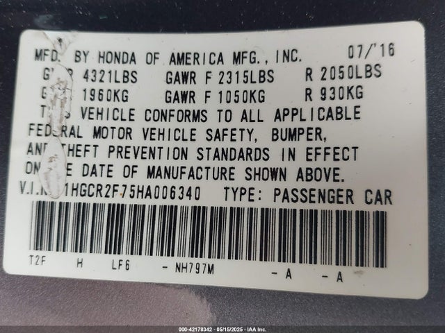 1HGCR2F75HA006340 Honda ACCORD EX