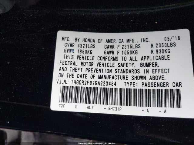 1HGCR2F97GA223484 Honda Accord Ex-l