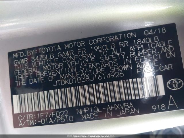 JTDKDTB38J1614926 Toyota Prius C One