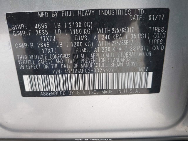 Subaru Outback 2.5i Premium 2017 4S4BSAFC2H3325507 Image 9