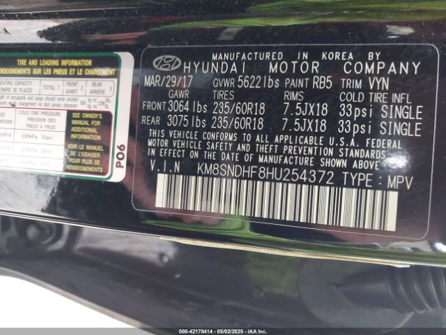 KM8SNDHF8HU254372 Hyundai Santa Fe Se