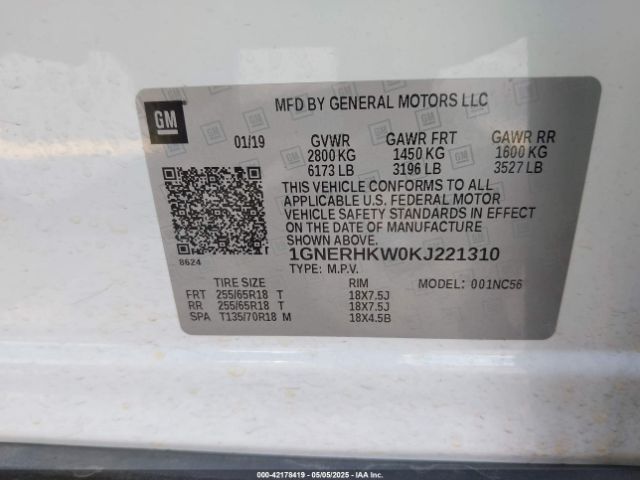1GNERHKW0KJ221310 Chevrolet Traverse 3lt