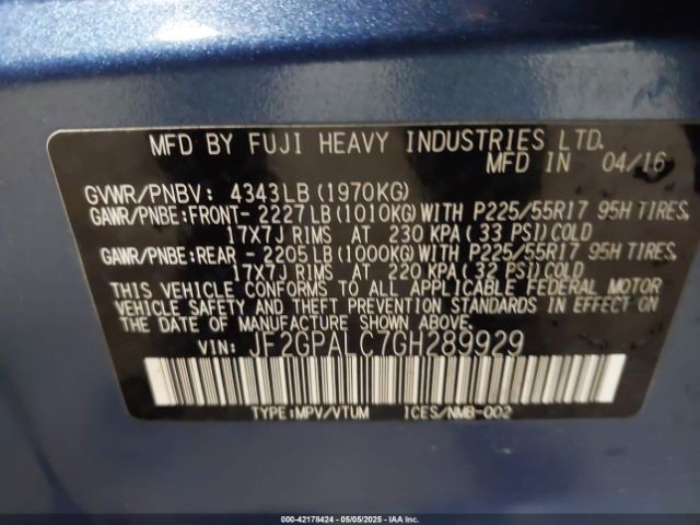 JF2GPALC7GH289929 Subaru Crosstrek 2.0i Limited
