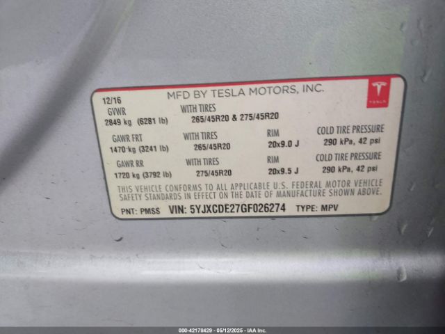 5YJXCDE27GF026274 Tesla Model X 60d/70d/75d/90d