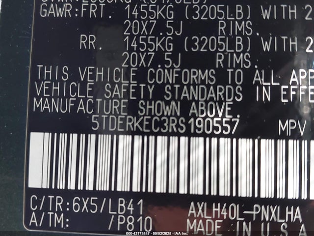 5TDERKEC3RS190557 Toyota a25a-fxs