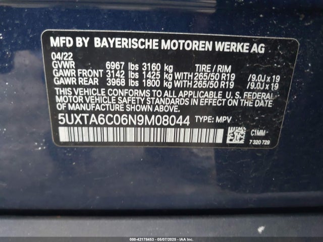 BMW X5 2022 5UXTA6C06N9M08044 Image 9